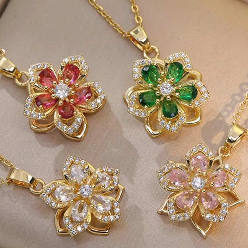 360 Degree Rotatable Flower Design Pendant Necklace, Artificial Gemstone Decorative Necklace for Women for Gift, Fashion Jewelry Accessories for Daily Wear, Charm Necklace, Zircon Gemstone Necklace, Accessory Necklace, Chic Gorgeous Jewelry