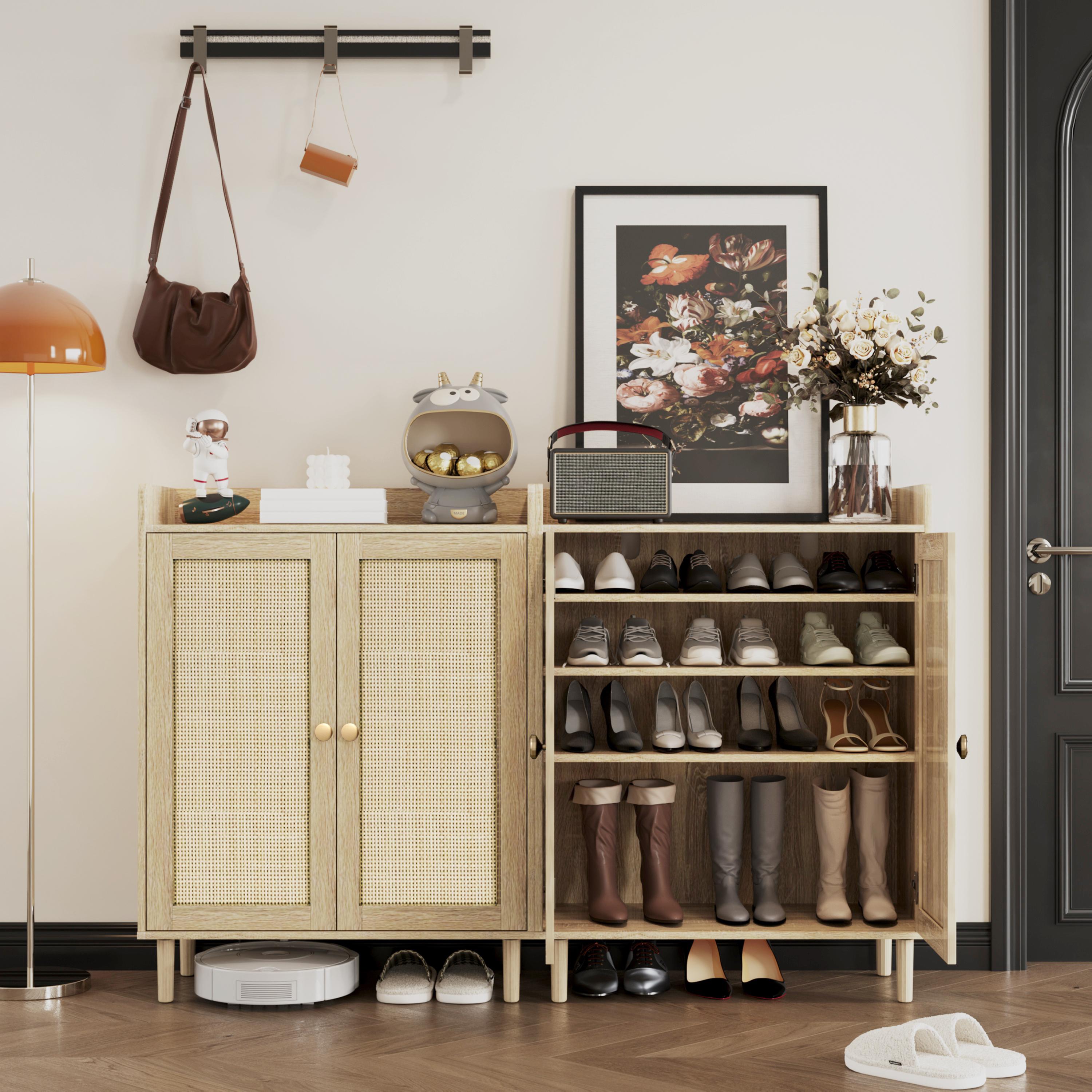 Double-door Shoe Cabinet 4-layer American Country Style With 2 Doors Adjustable Shelves Freestanding For Entrance Bedroom Living Room