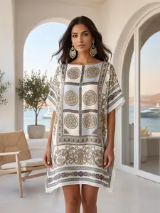 Women's Summer Beach Cover Up, Bohemian Printed Short Kaftan Dress, Lightweight Loose V-Neck Swimwear Coverups for Vacation