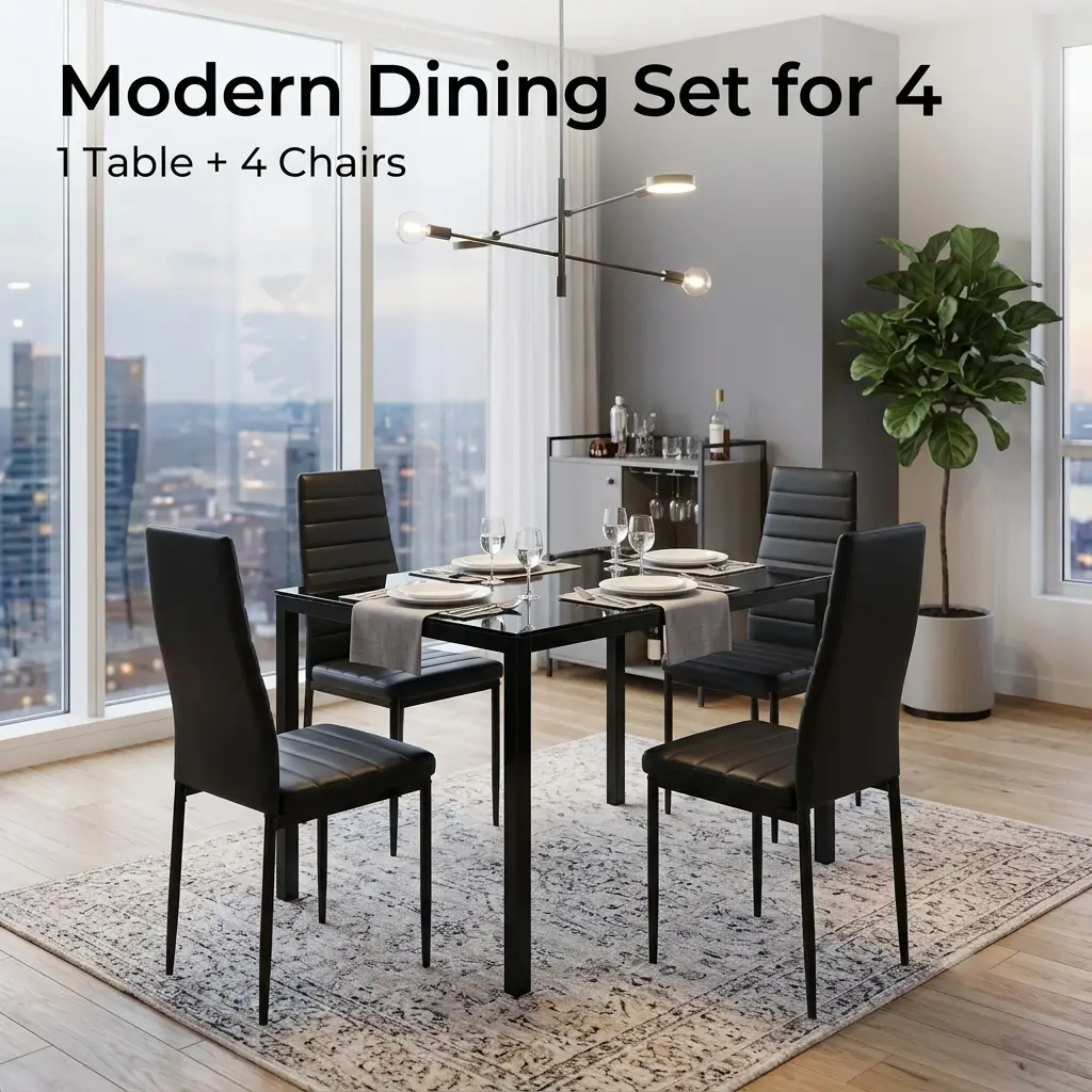 Black 5-Piece Glass Dining Table Set for 4, Modern Minimalist Rectangular Kitchen Table with Tempered Glass Top & 4 PU Leather Chairs, Scratch-Resistant, Space-Saving for Apartments, Easy Clean & Assemble