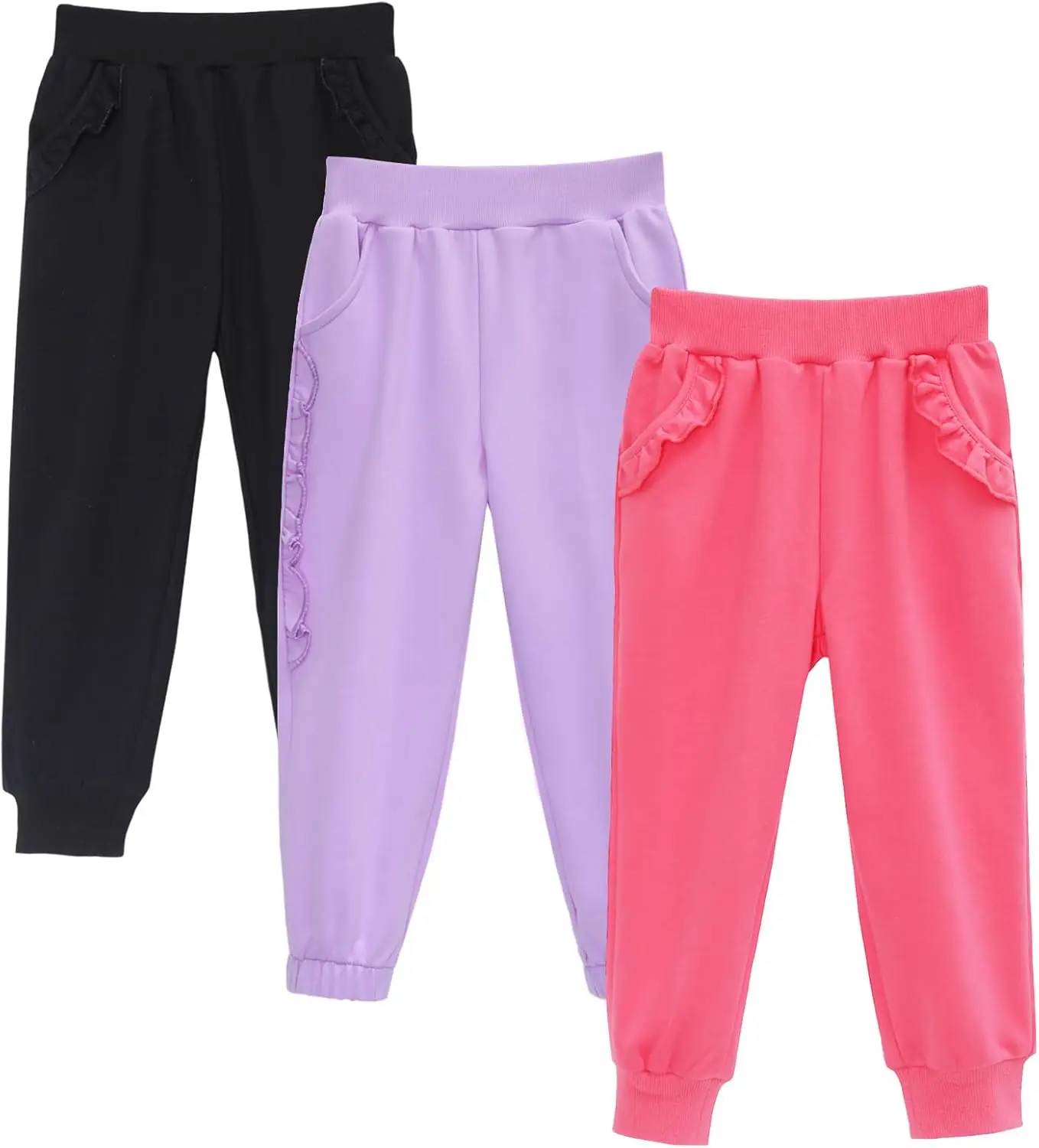 HILEELANG Girls Sweatpants 3 Pack Cotton Jogger Pants Ruffle Pocket | Soft Cotton Fabric, 3-Pack Value, Ruffle Trim Pockets, Elastic Waist, Ribbed Cuffs for Toddler Little Girls' Everyday Comfort