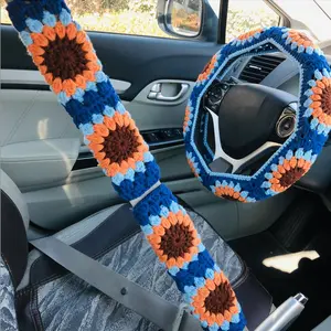 Sunflower Pattern Car Steering Wheel Cover & Seat Belt Cover, Handmade Crochet Car Interior Decoration Set, Car Accessories for Women & Girls, Car Interior Kit