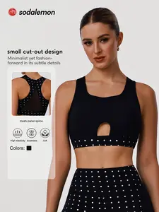 Women's Casual Sports Bra, Workout Bra, Yoga Bra, Polka Dot Print, Hollow Out Front, Mesh Back, Breathable Design, Comfortable Fashion, Daily Wear & Fitness, Wireless Sports Bras, Stretch Sports Bra