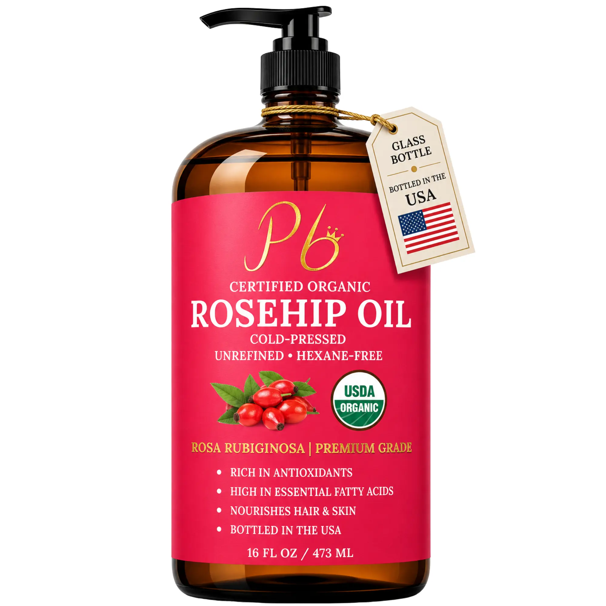 Pomberries USDA Organic Rosehip Seed Oil 16 fl oz (Rosa Rubiginosa) – Cold-Pressed, Unrefined – Amber Glass Bottle with Pump