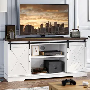 【Christmas Gift】Farmhouse TV Stand, Entertainment Center for 65 Inch TV Media Console Table, White Barn Door TV Stand with Storage and Shelves, Modern TV Console Cabinet Furniture for Living Room Home Criss Cross Aesthetic Design Interior