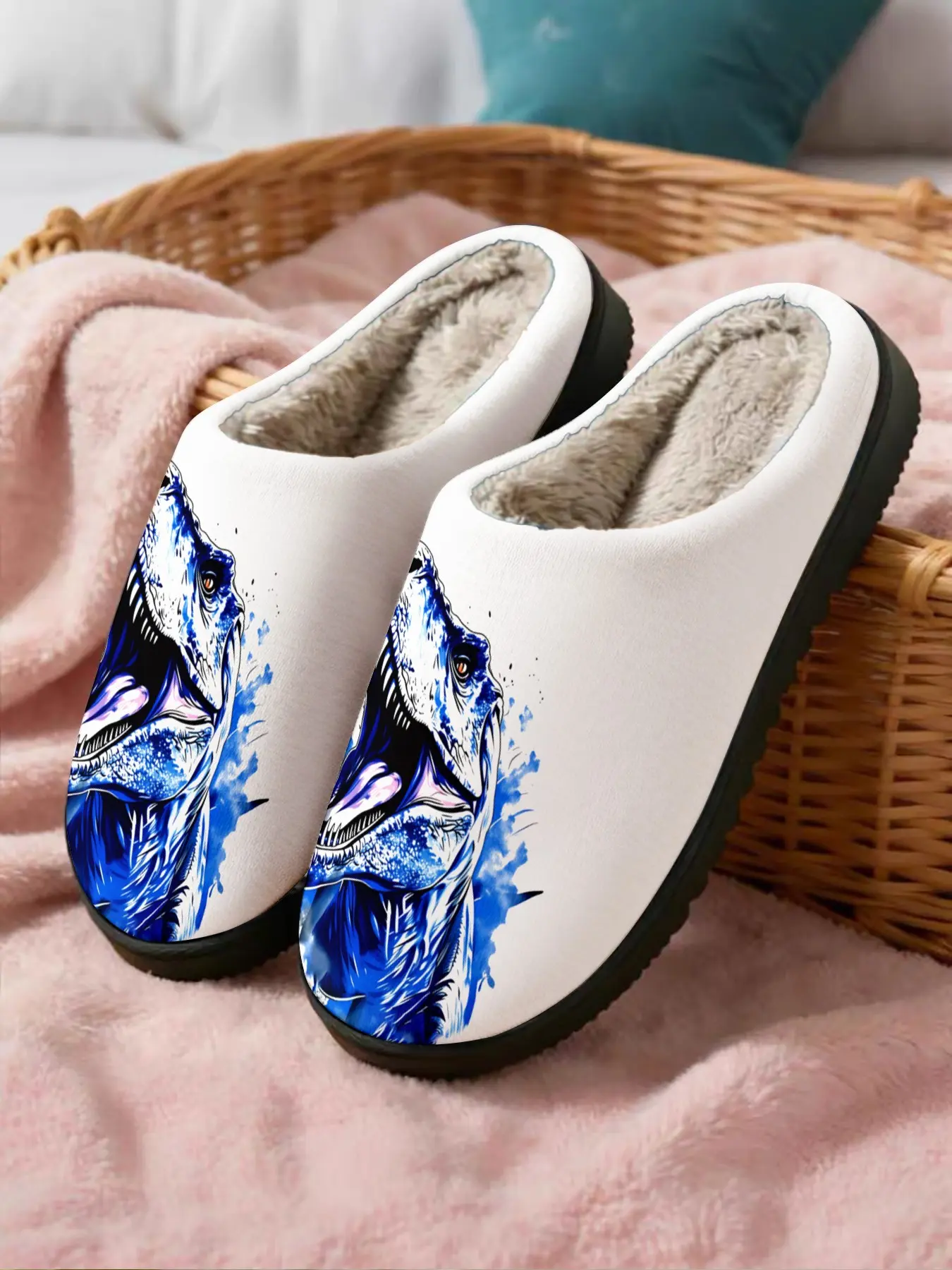 1 Pair Dinosaur Trendy Home Slippers with Plush Inner, Non-Slip Rubber Sole, Cozy Footwear for Bedroom and Living Room