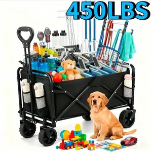 Foldable Heavy Duty Utility Wagon Cart, Collapsible Wagon with All-Terrain Wheels & Drink Holders, 450/330 LBS Capacity for Beach, Camping & Grocery Shopping