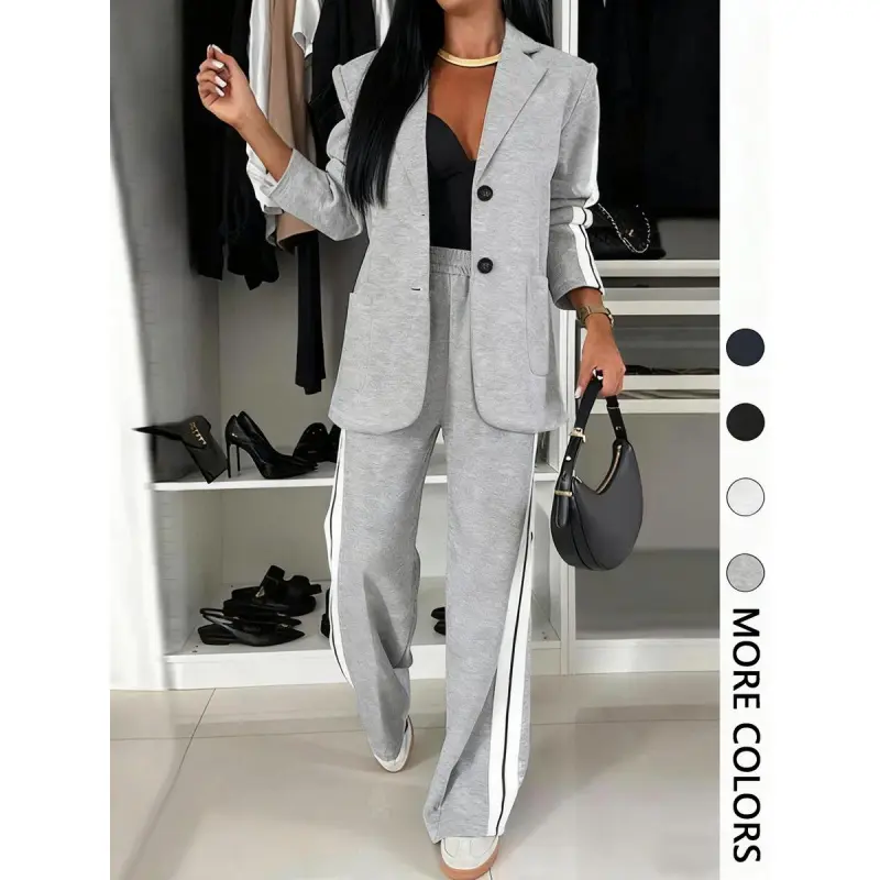 (New)Women's 2-Piece Striped Print Blazer & Wide Leg Pants Set - Casual Fitted All-Season Womenswear Suit