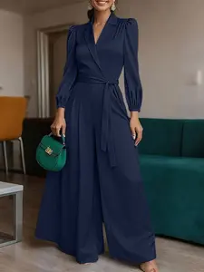 Women's Solid Color Jumpsuit, V Neck Nine-Quarter Sleeve Wide Leg Design, Casual Chic Loose Fit High Waist Pants for Daily Commuting, Womenswear