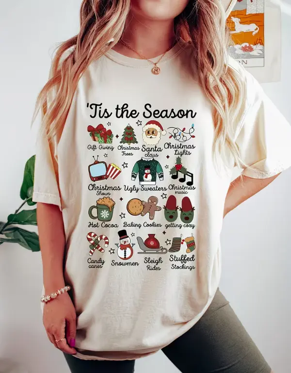 Tis The Season Christmas Doodle Grid Print Cream Crew Neck Casual Short Sleeve Holiday Winter Graphic T-Shirt，Christmas Holiday Casual T-Shirt, Tis The Season Christmas Doodle Grid Soft Daily Relaxed Top