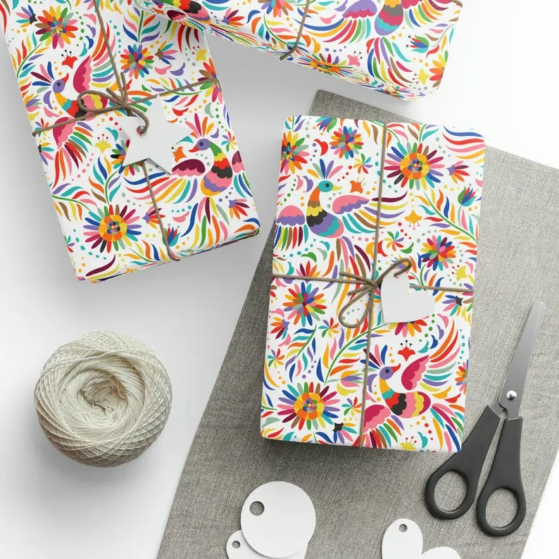 Mexican Wrapping Paper colorful otomi birds christmas gift wrap cute xmas gift mexico birthday present packaging teal blue white western