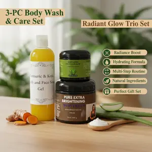 3-Piece Multi-Step Body Wash & Hydrating Skin Care Set - 16 oz Pure Extra Brightening Moisturizing Body Cream, 4 oz Aloe Triple Lanolin Lotion, 12 oz Turmeric Blend Kojic Soap for Radiance Boost, Cosmetic Beauty Gift Set, Body Wash Set