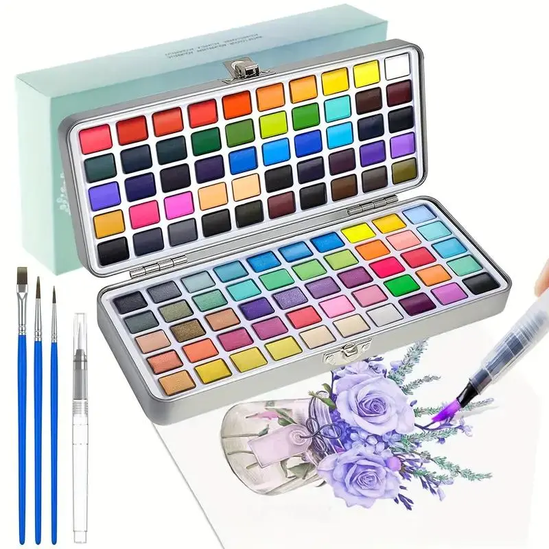 Watercolor Paint Set, Metal Boxed Watercolor Paint with 2 Pencils & 6 Brushes, Watercolor Pigment Art Supplies, Art Craft Supplies, Art Drawing Supplies, Travel Painting Supplies, Art Materials, Arts and Crafts Supplies