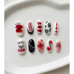 KPOP Press On Nails, Red Black Edgy Text, Punk Handmade Set