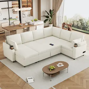 Niccae 109.9" Sectional Sofa Versatile Sofa Bed Sofa Sleeper U-shaped Sofa with Ample Storage Space, Two Cup Holders and Charging Ports for Living Room, Beige