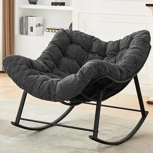 Oversized Rocking Chair Indoor, Papasan Rocking Chair Outdoor, Lounge Chair with Cushion, Patio Egg Rocker Chairs, Comfy Reading Chairs for Bedroom, Living Room, Garden, Lawn, Dark Grey