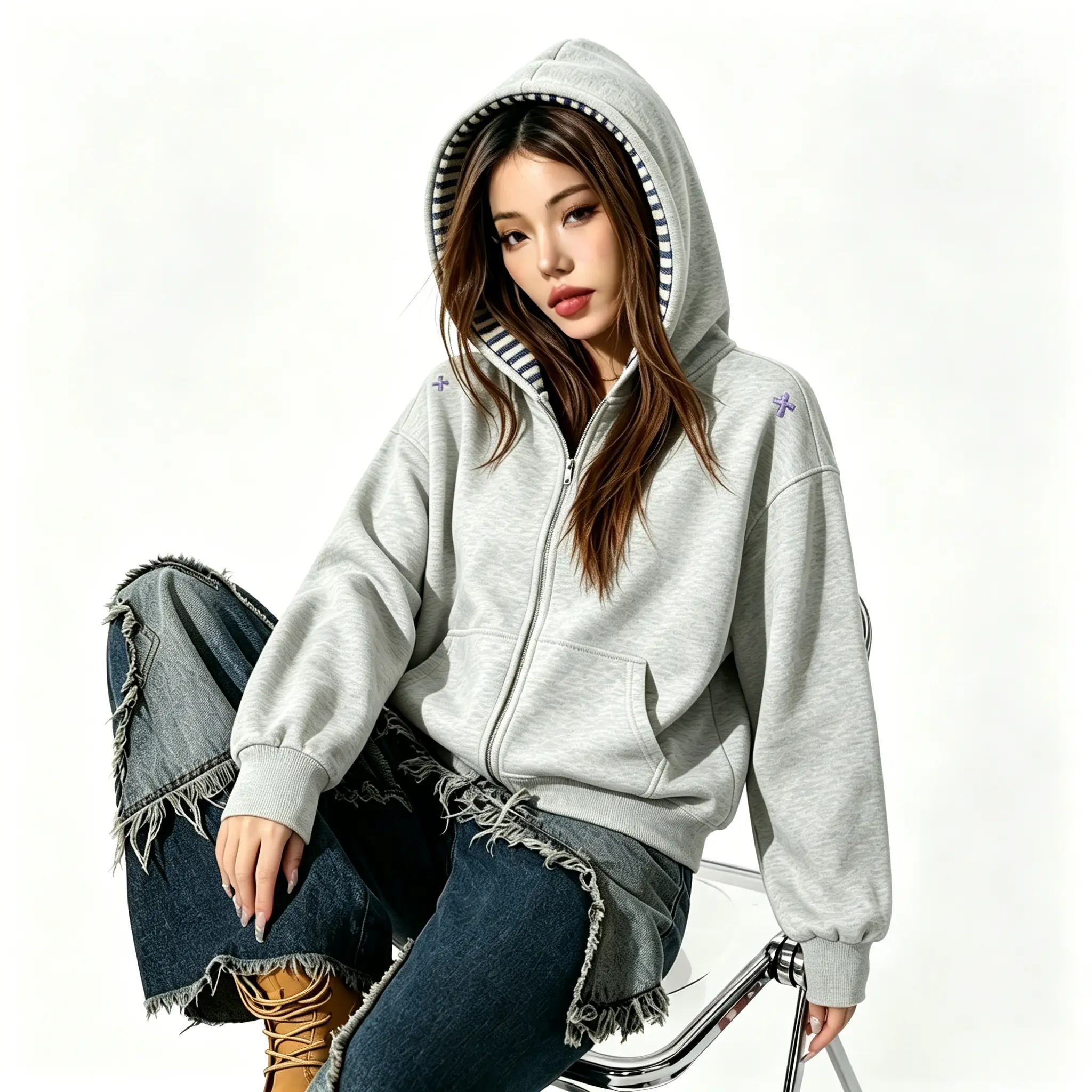 Minimalist Striped Zip-Up Hoodie, Women's Oversized Sweatshirt with Cross Embroidery, Lined Everyday Streetwear Tops for Autumn Outfits