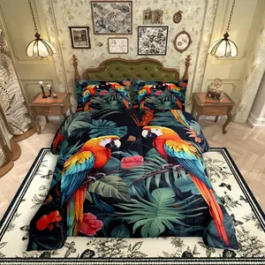 Tropical Birds Comforter Set for All Seasons,Jungle Parrot Bird Wild Animal Bedding Set,Bedroom Decor,Green Palm Leaves Nature Botanical Comforter Inner Fill