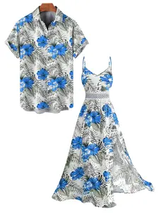 2026 Vacation Couple Outfit Hibiscus Floral Leaf Pattern Geometric Lace Panel Hollow Out Long Dress and Button Up Shirt Casual Matching Outfit beachwear