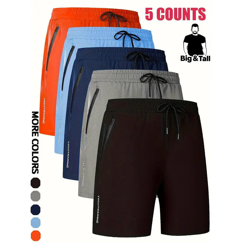 5-Pack Plus Size Men’s Shorts — includes plus size men’s shorts, athletic shorts for running, fitness, training, sports/ball games, cycling, hiking; quick-drying, breathable, zippered pockets, unique prints, stretchy shorts, suitable for multiple scenario