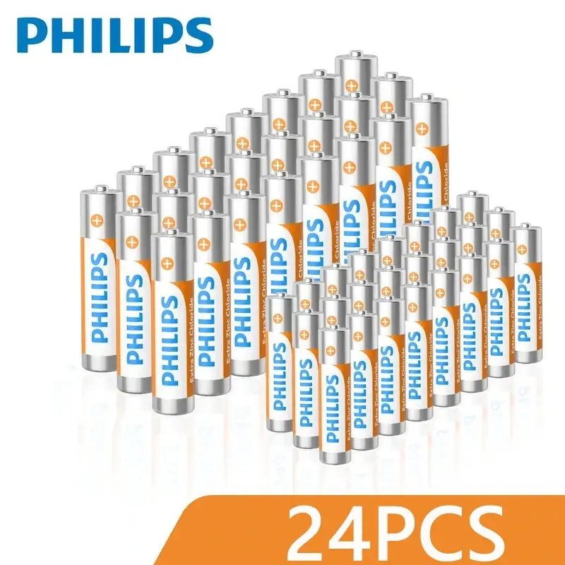 A pack of 24 Philips AA carbon-zinc batteries featuring stable voltage, a long shelf life, and a safe, leak-proof design; suitable for remote controls, calculators, electronic toys, and household appliances.