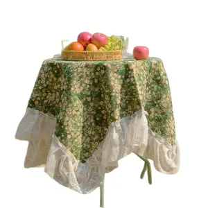 Pastoral Style Green Jacquard Floral Tablecloth with Lace Ruffles - Multi-Purpose Home & Outdoor Cover for Camping Picnic, Bedside Table