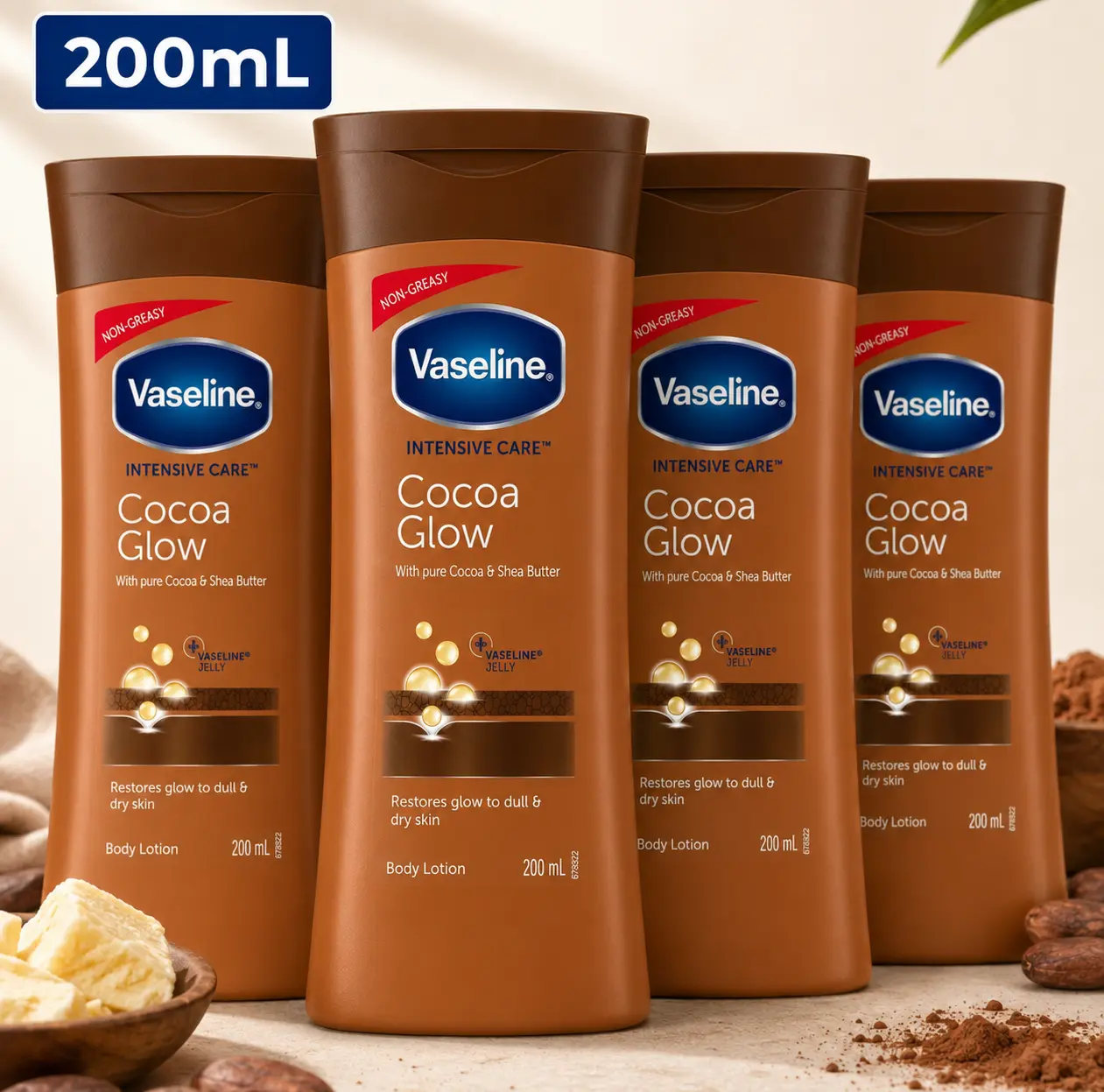 Vaseline Intensive Care Cocoa Glow Lotion Value Bundle (200mL / 6.8oz) Non-Greasy Body Moisturizer with Pure Cocoa & Shea Butter - Multipack Set Bulk Blend Body Care