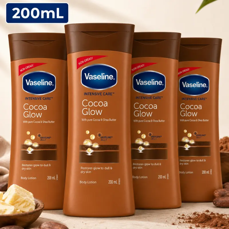Vaseline Cocoa Glow Body Moisturizer - 200mL Multipacks, Indulgent Nourishing Self Care Product for All Skin Types, Intensive Deep Hydration with Cocoa & Shea Butter Blend, Scented Non-Greasy Radiance Boost