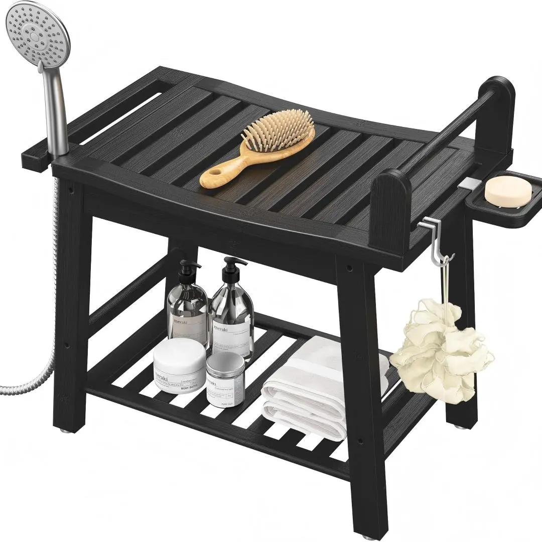 Bamboo Shower Bench with Storage Shelf, Waterproof Bath Seat Stool with Side Handle, Spa Shower Chair for Bathroom, Tub, Sauna and Home Relaxation