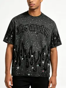Los Angeles Gothic Rhinestone Flame Print T-Shirt Men Vintage Gradient Full Diamond Short Sleeve American High Street Trendy Top
