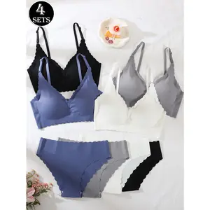4 Sets Women Seamless Simple Solid Color Wireless Comfortable Breathable Removable Pad Ruffled Bralette and Low Rise Triangle Panties Lingerie Set |   Casual Style, Ruffle Details, Medium Support