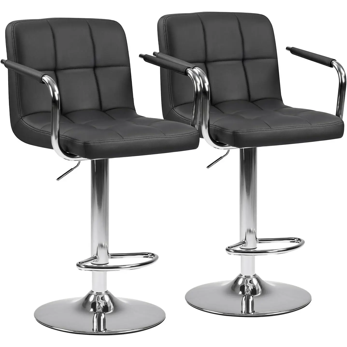 Adjustable Bar Stools Set of 2, 24.2–32.5 Inch Swivel Bar Chairs with Arms & Back, PU Leather Counter Height Stools for Kitchen Island Bar Pub Cafe, Black/White/Gray