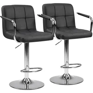Adjustable Bar Stools Set of 2, 24.2–32.5 Inch Swivel Bar Chairs with Arms & Back, PU Leather Counter Height Stools for Kitchen Island Bar Pub Cafe, Black/White/Gray