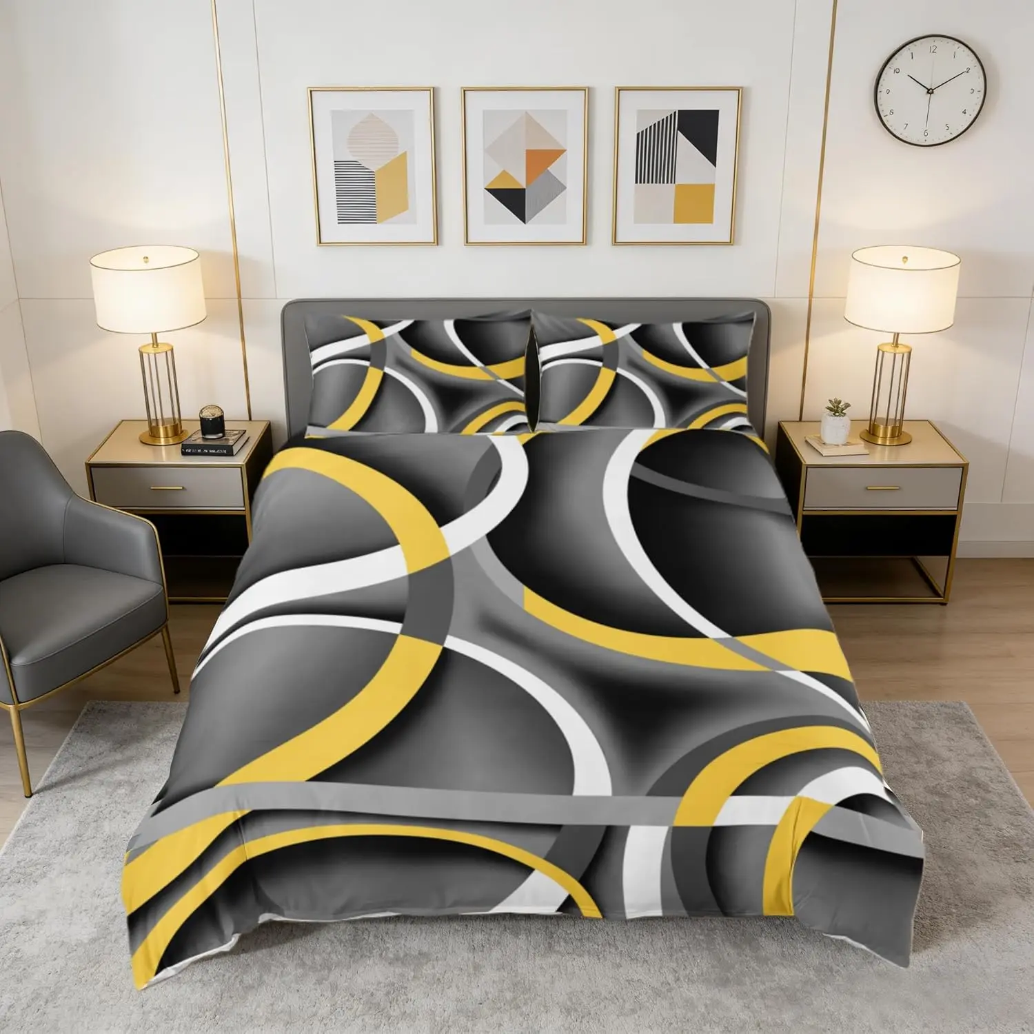 Circle Geometric Duvet Cover Gray Black Yellow Swirls Bedding Set Abstract Stripes Comforter Cover Room Decor Retro Style Bedspread Cover (No Comforter)