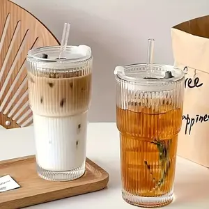 Large Vertical Striped Mug with Lid and Straw, Reusable Glass Cup Tumbler for Cold, Hot and Coffee Drinks, Ideal for Home or Office Use, Drinkware
