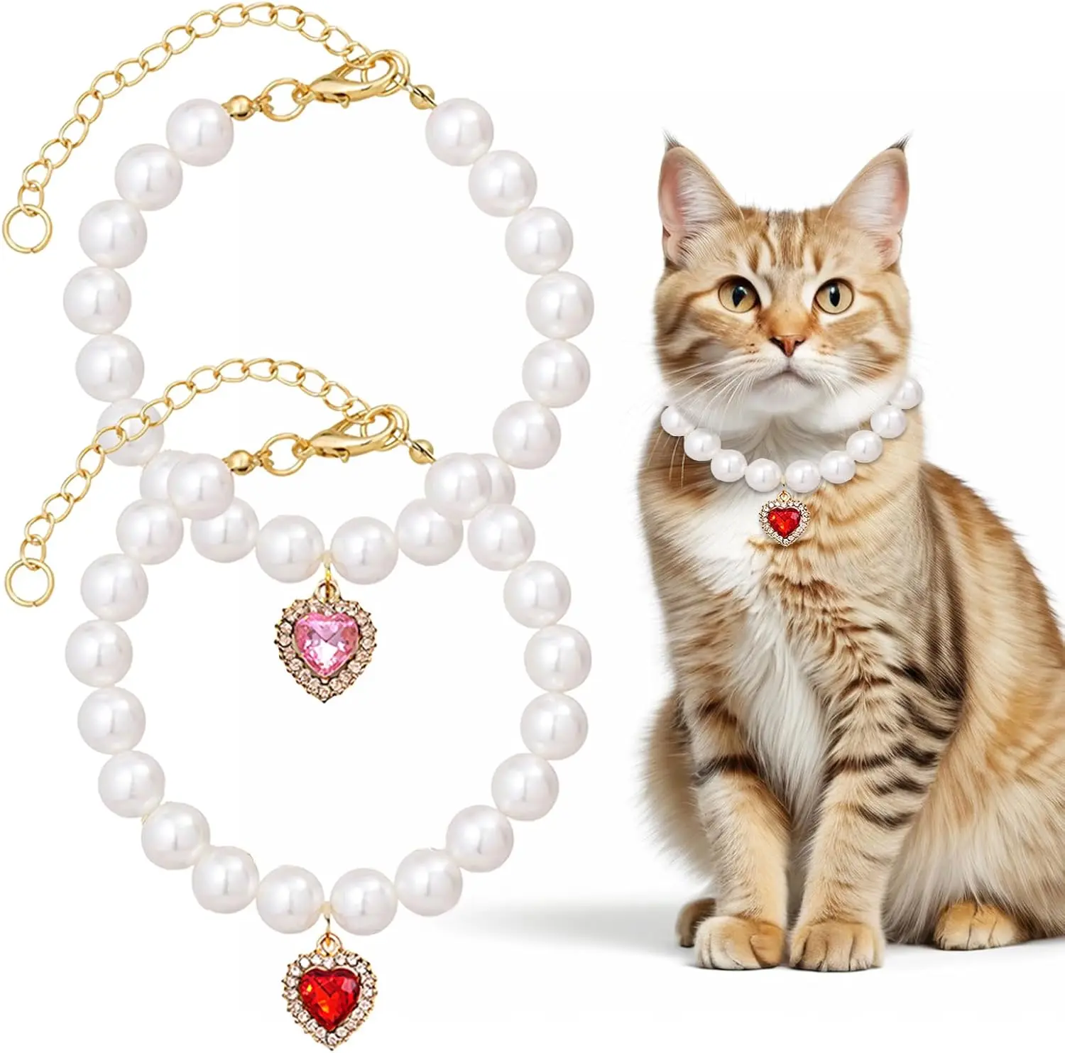2pcs Adjustable Pearl Cat Collar with Heart-Shaped Rhinestones - Cute Pet Necklace for Weddings, Parties, & Birthdays