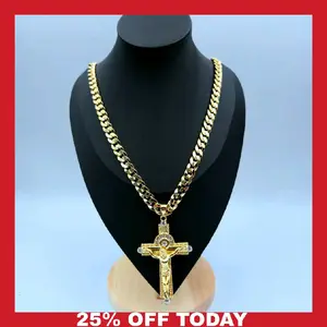 14K Gold Plated Cuban Chain with Crucifix Pendant 9.5mm 24 Inch Necklace Same Day Shipping 25% Off Today Special Offer