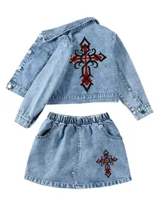 Gothic Cross Denim Two-Piece Set for Girls, Comfortable Short Jean Jacket + Skirt, Casual Street Style, Party Wear, Ages 8 and Below