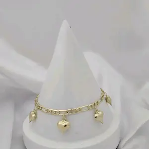 035 Heart Charm Bracelet with Figaro Chain and Dangling Hearts for Women's Fashion Jewelry