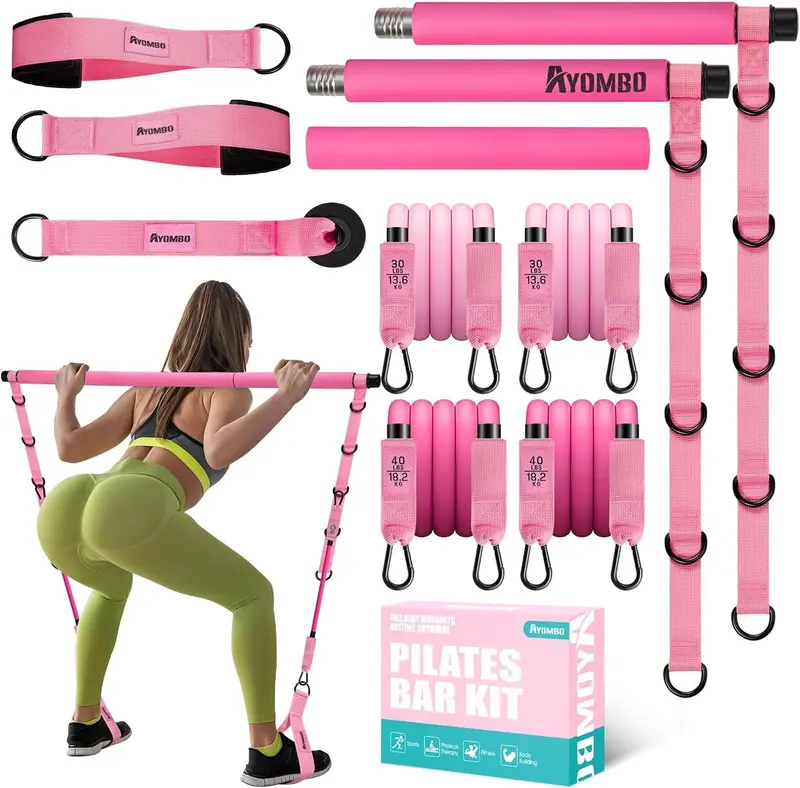Pilates Bar Kit with Resistance Bands, Upgraded Multifunctional Screw Yoga Pilates Bar with Metal Adjustment Buckle, Portable Home Gym Pilates Bar for Women Full Body Workout Equipment Pink,Best Valentine's Day Gifts for Moms/Girls