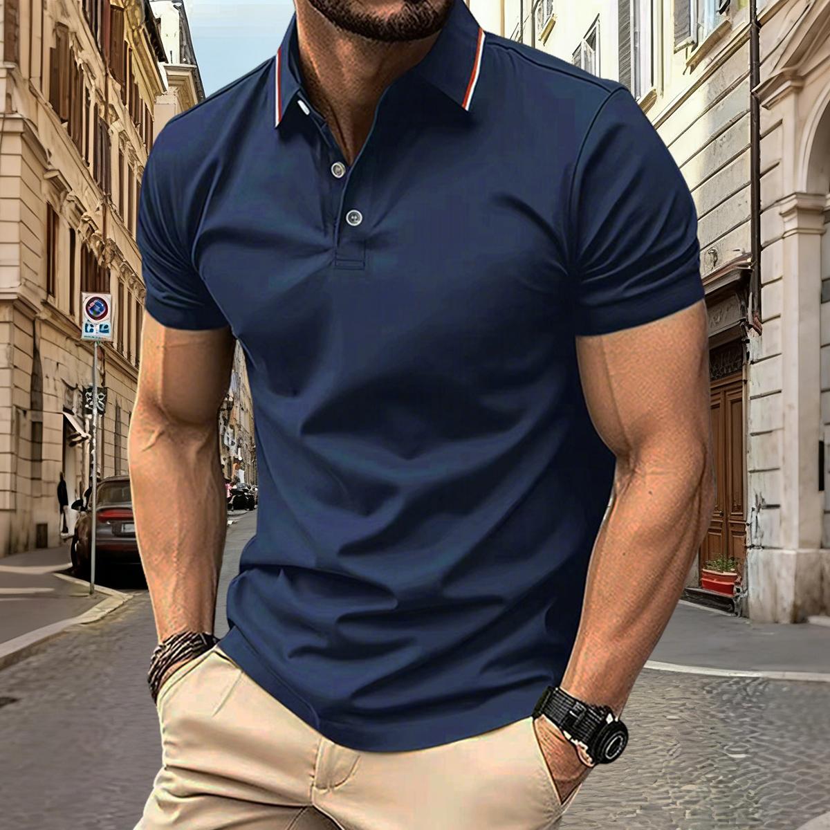 Men’s 4-piece short-sleeve polo shirt set—quick-drying golf/tennis apparel featuring a comfortable color-block design with collar and sleeve accents, suitable for casual sportswear.