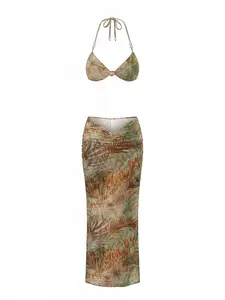 【No Pearl Accessories】Floral Print Bikini With Backless Pearl Knot Criss-Cross Swimsuit And Mesh Skirt, Summer