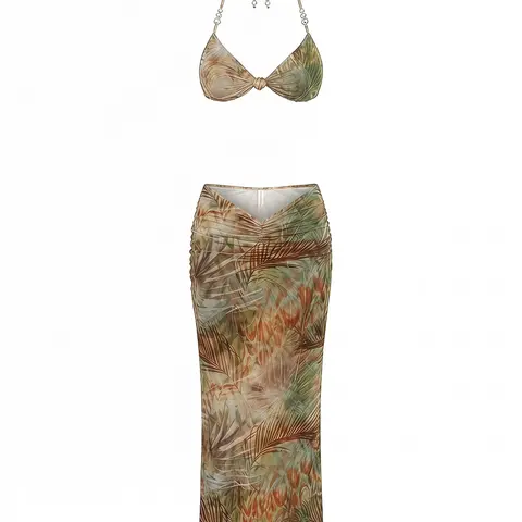 【No Pearl Accessories】DealsForYouDays Floral Print Bikini With Backless Pearl Knot Criss-Cross Swimsuit And Mesh Skirt, Summer
