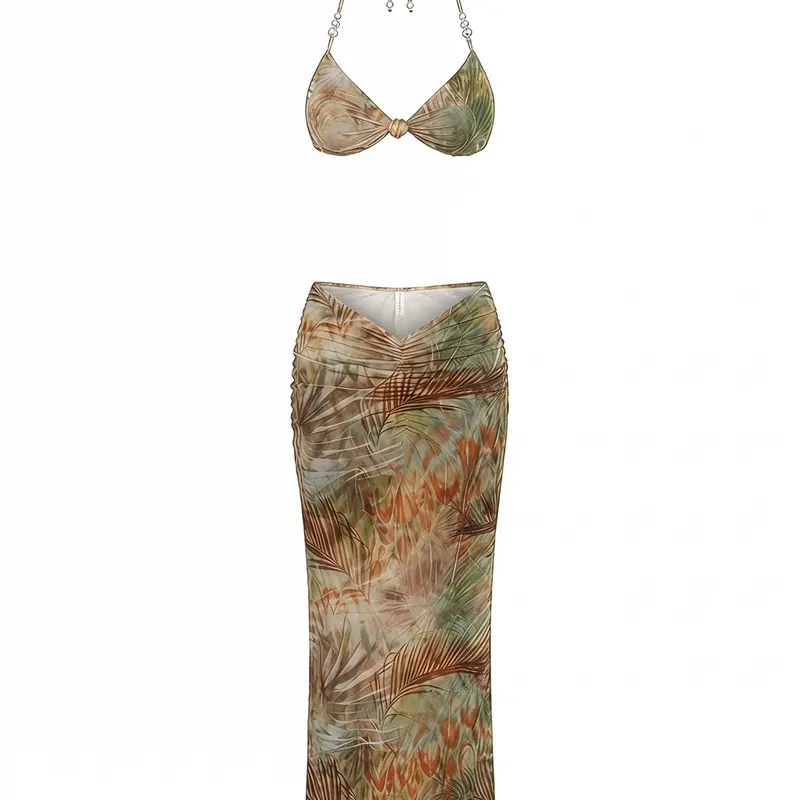 【No Pearl Accessories】DealsForYouDays Floral Print Bikini With Backless Pearl Knot Criss-Cross Swimsuit And Mesh Skirt, Summer