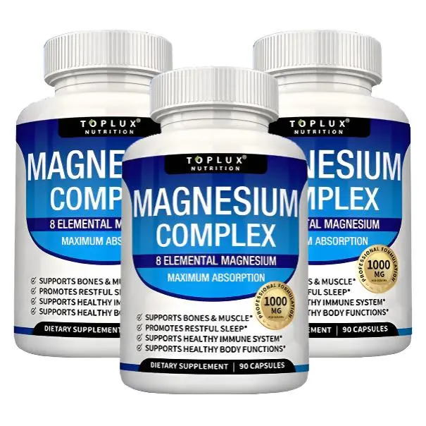 3 Bottles of Nutrition Magnesium Complex 7 Elemental Sources Men Women Bone Muscle Sleep Immune Support Nature Decent Fitness Dietary Supplement Malate Taurate Chelated for Easy Absorption for Bones Muscle Recovery Energy 1000mg 90 Capsules