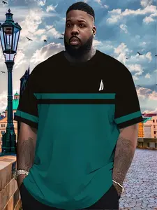 Men's Plus Size 3D Striped Round Neck T-Shirt, Breathable Moisture-Wicking Polyester, & Classic Casual Streetwear Party Wear