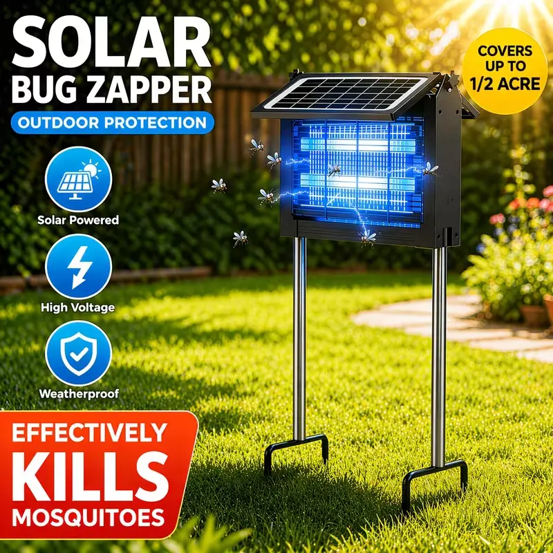 Powerful Large Solar Bug Zapper Outdoor Covers 2000 Sq.ft, Portable Rechargeable High Voltage Mosquito Zapper, Cordless Solar Fly Trap for Patio Garden Backyard RV Camping Pond Pest Control