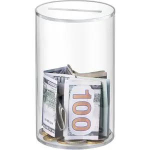 Unbreakable Acrylic Piggy Bank - Must-Shatter-to-Open Money Box for Adults/Kids, Clear Savings Jar for Coins & Cash (6x3.5 Inch) Decor Ornaments Tin Blue-Cylinder