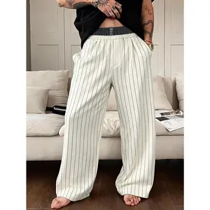 Men's Milky Trouser, Faux 2-Piece Double-Layer Wide-Leg Cotton Blend Pants, Mid Waist Loose-Fit, Color-Blocked Striped Embroidered with Pockets, All Seasons Light Business & Casual Wear | SummerVibes