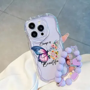 Wave Pattern Purple Butterfly+Purple Hanging Chain Phone Case For VIVO Y21D Y19S  V40 Pro V50 V40 V60 Lite V30Y04 Y04S Y18 Y18E Y29 Y03 Y03T Y28 Y17S Y20 Y20i Y20S Back Cover